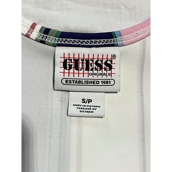 Guess logo Women's striped White/Pink scoop back thong Bodysuit snap closure EUC - Picture 5 of 11